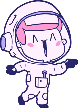 Mutlu çizgi film astronotu parlak neon rengi gösteriyor.