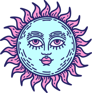 Yüzü parlak neon renkli geleneksel bir güneş dövmesi.