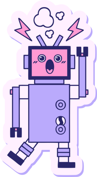 Parlak neon renkli, arızalı, sevimli bir robot çizgi film çıkartması.