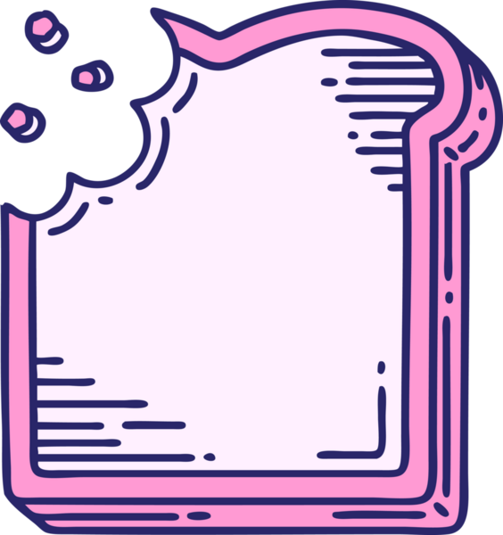 Parlak neon renkli ısırılmış ekmek dilimi şeklinde geleneksel bir dövme.