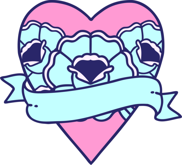 Geleneksel kalp şeklinde dövme ve parlak neon renkli çiçekli pankart