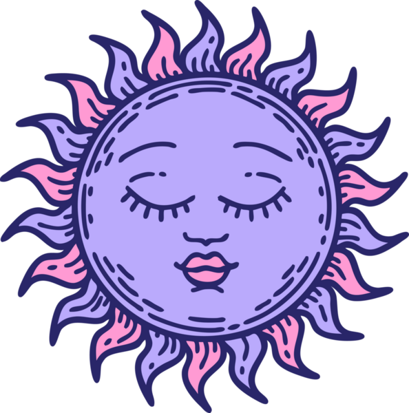 Parlak neon renkli geleneksel bir güneş dövmesi.