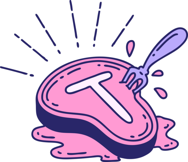 Parlak neon renkli geleneksel bir biftek ve çatal çizimi