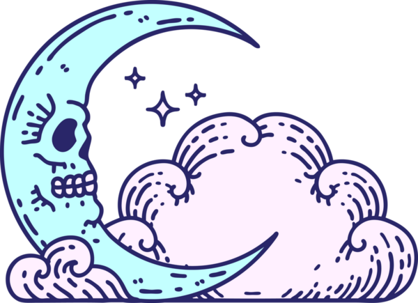 Kafatası hilal şeklinde geleneksel bir dövme ve parlak neon renkli bulutlar.