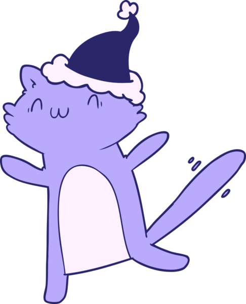 Parlak neon renkli Noel Baba şapkası giyen dans eden bir kedinin el çizimi.