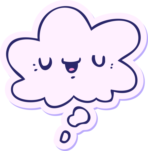 Mutlu çizgi film yüzü, parlak neon renkli bir çıkartma olarak düşünce baloncuğu ile.