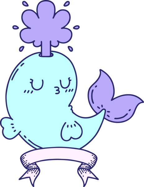 Dövme stili, parlak neon renkli balina karakteri fışkırtan bir parşömen.