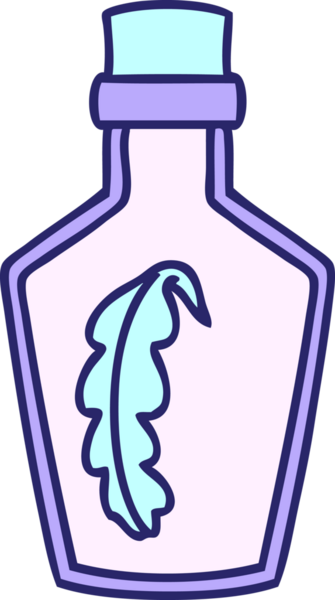 parlak neon renkli cam bir şişede mühürlenmiş sihirli bir tüy karikatürü