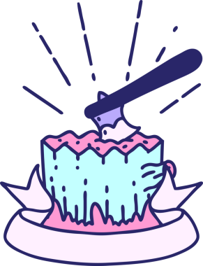 Parlak neon renkli ağaç kütüğünde dövme stili baltası olan kaydırma pankartı