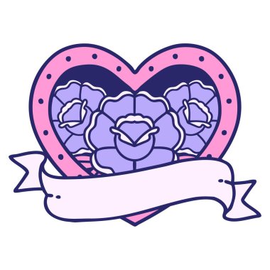 Parlak neon renkli çiçekli kalp ve afiş simgesi