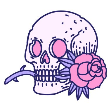 Bir kafatasının ikonik dövme şekli ve parlak neon renklerde gül