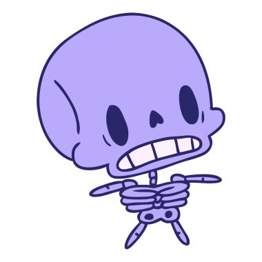 Çizgi film illüstrasyonu: kawaii parlak neon renkli sevimli ölü iskelet