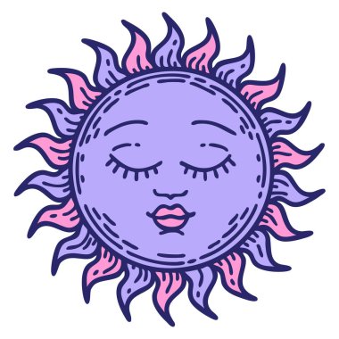 Parlak neon renkli geleneksel bir güneş dövmesi.