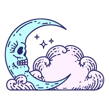 Kafatası hilal şeklinde geleneksel bir dövme ve parlak neon renkli bulutlar.