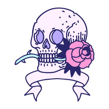 Kafatası sancağıyla geleneksel dövme ve parlak neon renklerle gül.