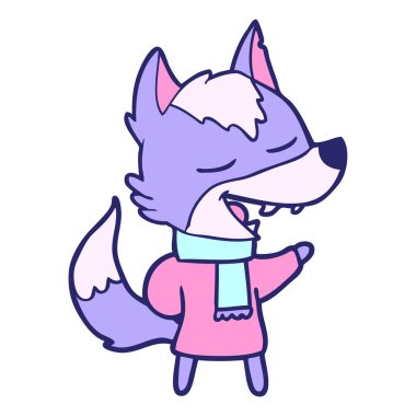 Parlak neon renklerle gülen eşarplı kurt çizgi filmi.