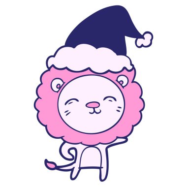 Parlak neon renkli Noel Baba şapkası takan bir aslanın el çizimi.