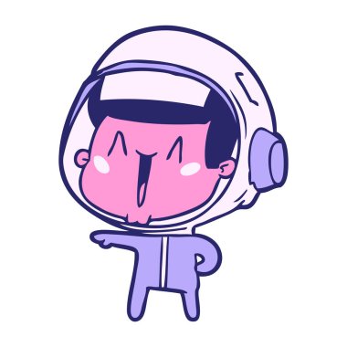 Mutlu çizgi film astronotu parlak neon renkleri işaret ediyor.