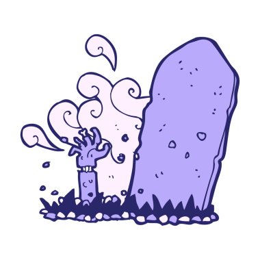 parlak neon renklerle mezardan yükselen bir zombi çizgi filmi.