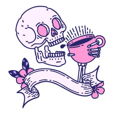 Kafatası dövmeli geleneksel dövme parlak neon renklerde kahve içiyor