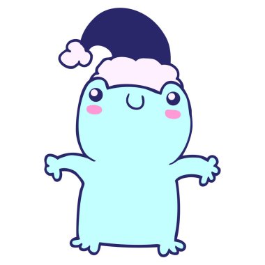 Parlak neon renkli Noel şapkası takan sevimli bir kurbağa.