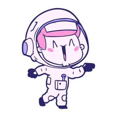 Mutlu çizgi film astronotu parlak neon renkleri işaret ediyor.