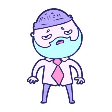 Çizgi filmdeki parlak neon renkli sakallı endişeli adam