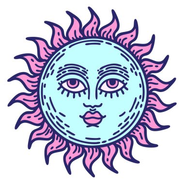 Yüzü parlak neon renkli geleneksel bir güneş dövmesi.