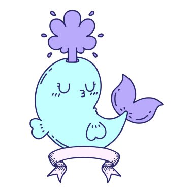 Dövme stili, parlak neon renkli balina karakteri fışkırtan bir parşömen.