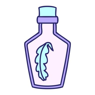 parlak neon renklerde cam bir şişeye kapatılmış sihirli bir tüy karikatürü