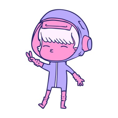 çizgi film uzay kızı barış işareti yapıyor parlak neon renklerle