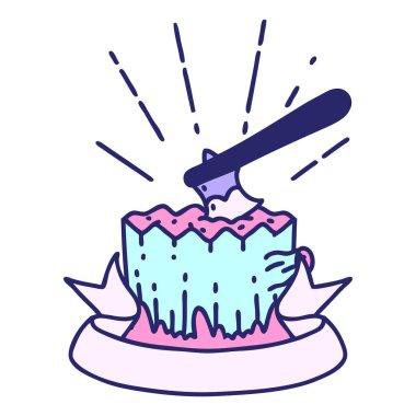 Parlak neon renkli ağaç kütüğünde dövme stili baltası olan kaydırma pankartı