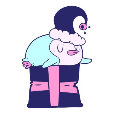 Karikatür pengueni parlak neon renklerde Noel şapkası takıyor.