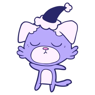 Güzel bir el çizimi, parlak neon renkli Noel Baba şapkası giyen bir köpeğin çizimi.