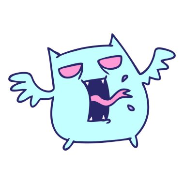 Parlak neon renkli şirin, korkunç kawaii yarasaların serbest çizim karikatürü