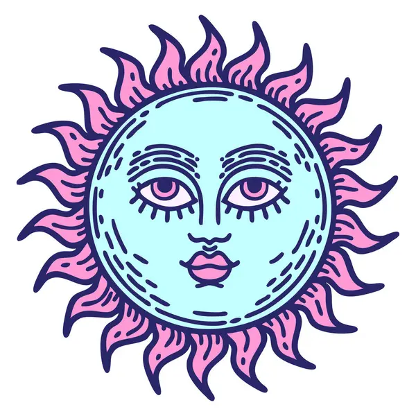 Yüzü parlak neon renkli geleneksel bir güneş dövmesi.