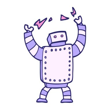 El çizimi karikatür tarzı parlak neon renkli dev robot.