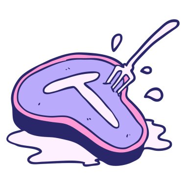 çizgi film biftek ve çatalı parlak neon renklerle pişirdi.