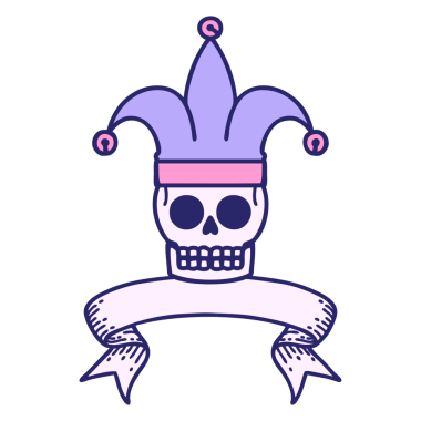 Parlak neon renkli bir kafatası soytarısı dövmesi.