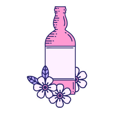 Rom şişesi ve parlak neon renkli çiçeklerin ikonik dövme görüntüsü