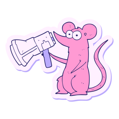 Parlak neon renkli megafonla bir çizgi film faresinin çıkartması