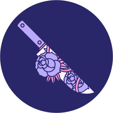 Bir hançerin ve parlak neon renkli çiçeklerin ikonik dövme görüntüsü