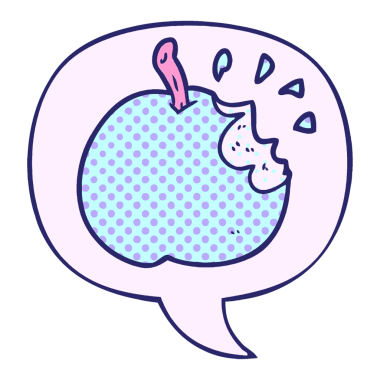 çizgi roman tarzı parlak neon renkli konuşma balonu olan taze ısırılmış elma.