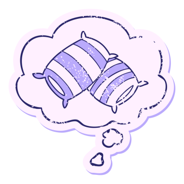 Düşünce baloncuklu çizgi film yastıkları, parlak neon renkli, yıpranmış bir çıkartma gibi.