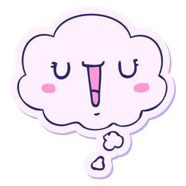 Mutlu çizgi film yüzü, parlak neon renkli bir çıkartma olarak düşünce baloncuğu ile.