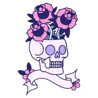 Kafatası sancağıyla geleneksel dövme ve parlak neon renkli güller