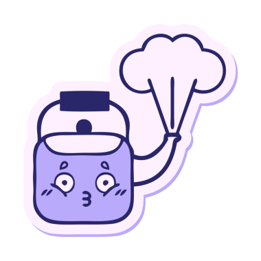 Güzel bir çizgi filmin çıkartması parlak neon renkli buharlı çaydanlık.