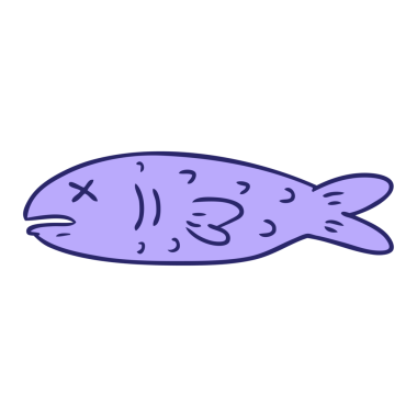 Parlak neon renkli ölü bir balığın el çizimi karalaması.