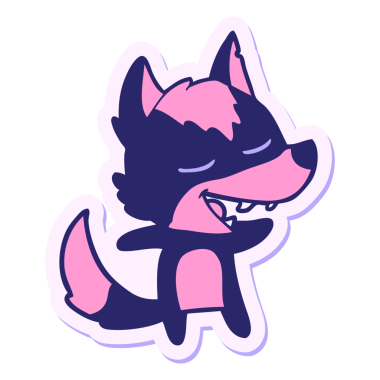 Parlak neon renkli gülen bir kurt çizgi filminin çıkartması.