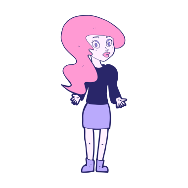 Parlak neon renkli omuzlarını silkeleyen çizgi film kadını.